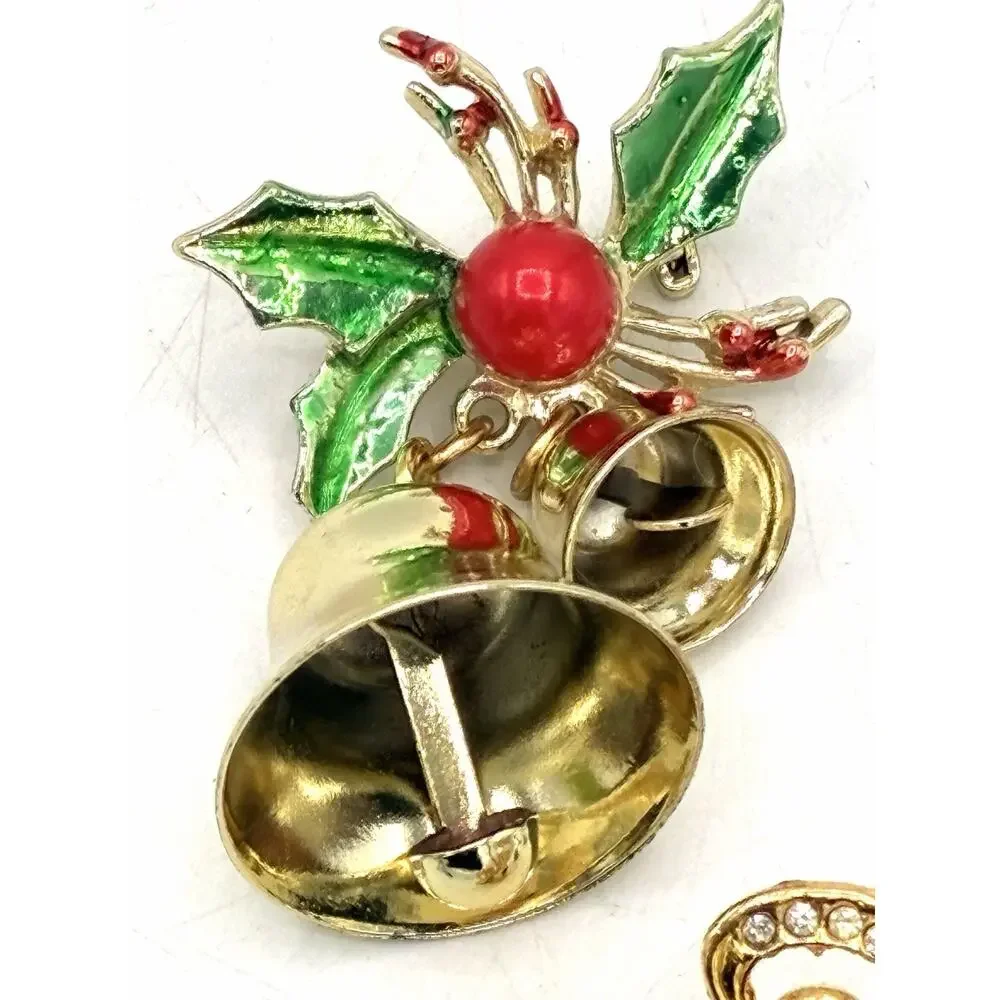 Vintage Christmas Brooch Pin Lot of 4 Bell Tree Angel Candy Cane Holiday Jewelry